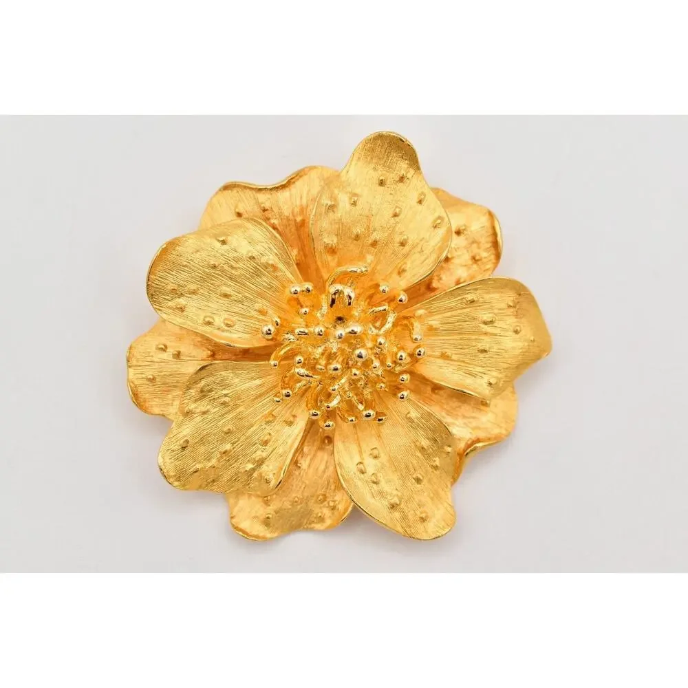 KJL Vintage Dogwood Flower Pin Brooch Brushed Gold Matte Chunky Signed 80s BinBK